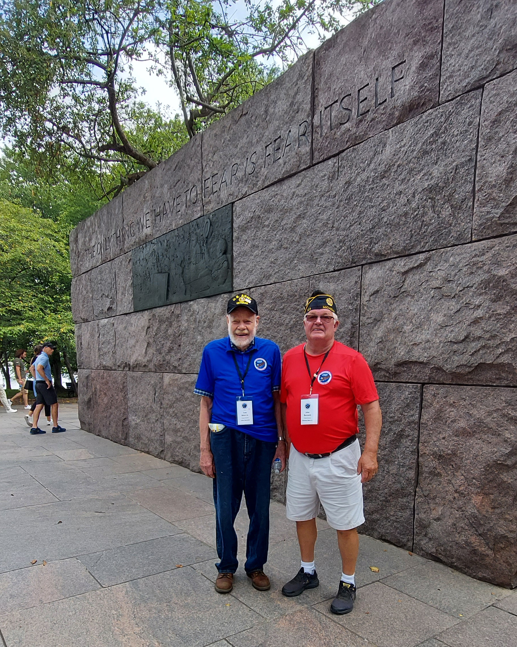 Korean Conflict veteran Tom Muir and his Honor Flight guardian John Bennett at the FDR Memorial. Muir and Bennett are members of the Iosco and Ogemaw County Farm Bureaus, respectively.