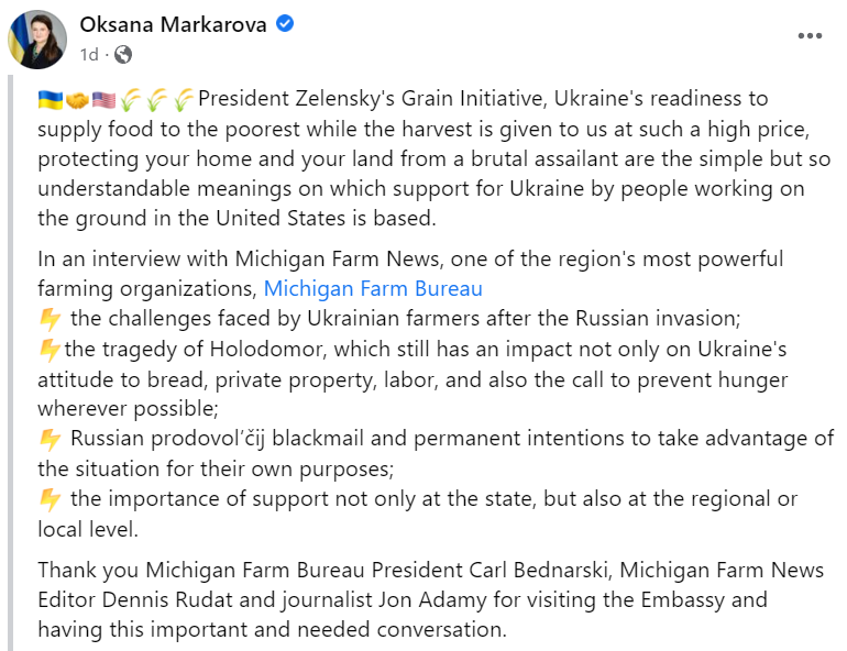 Screenshot of a facebook post by Ukrainian ambassador Oksana Markarova