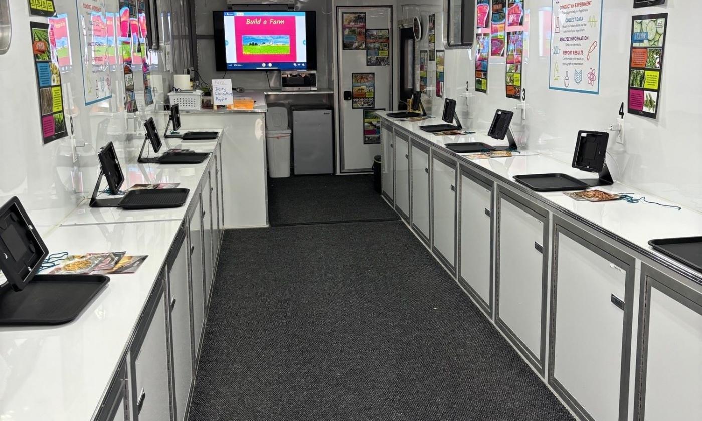 The inside of the FARM Science Lab is gleaming white, containing everything to teach STEM lessons to students from kindergarten through fifth grade.