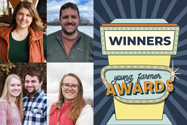 Photo collage featuring the portraits of four Young Farmer awards winners next to an illustration of a marquis reading "Winners, Young Farmer Awards."