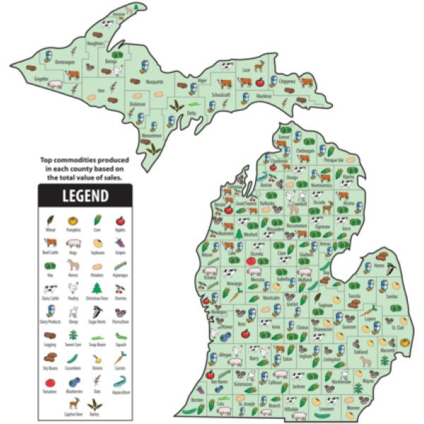 Map of michigan showing popular items produced in each county