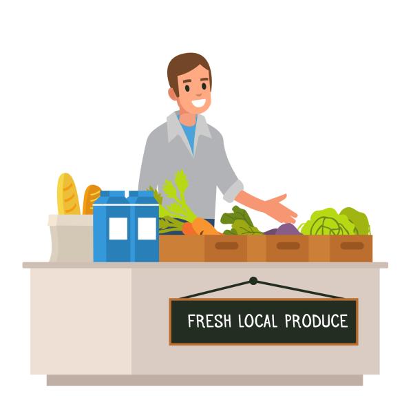 illustration of a man behind a produce stand that says "fresh local produce"